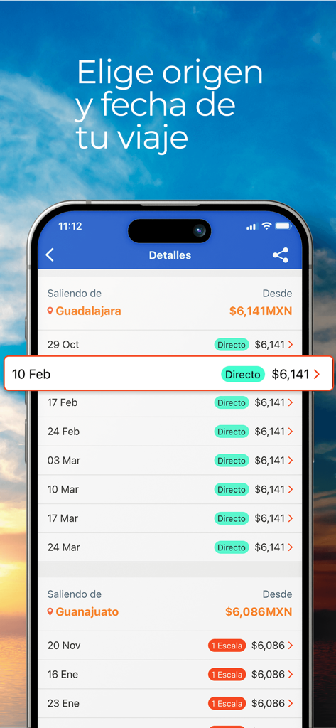 Interfaz de la aplicación Gurú de Viaje mostrando fechas de vuelos y precios desde Guadalajara y Guanajuato