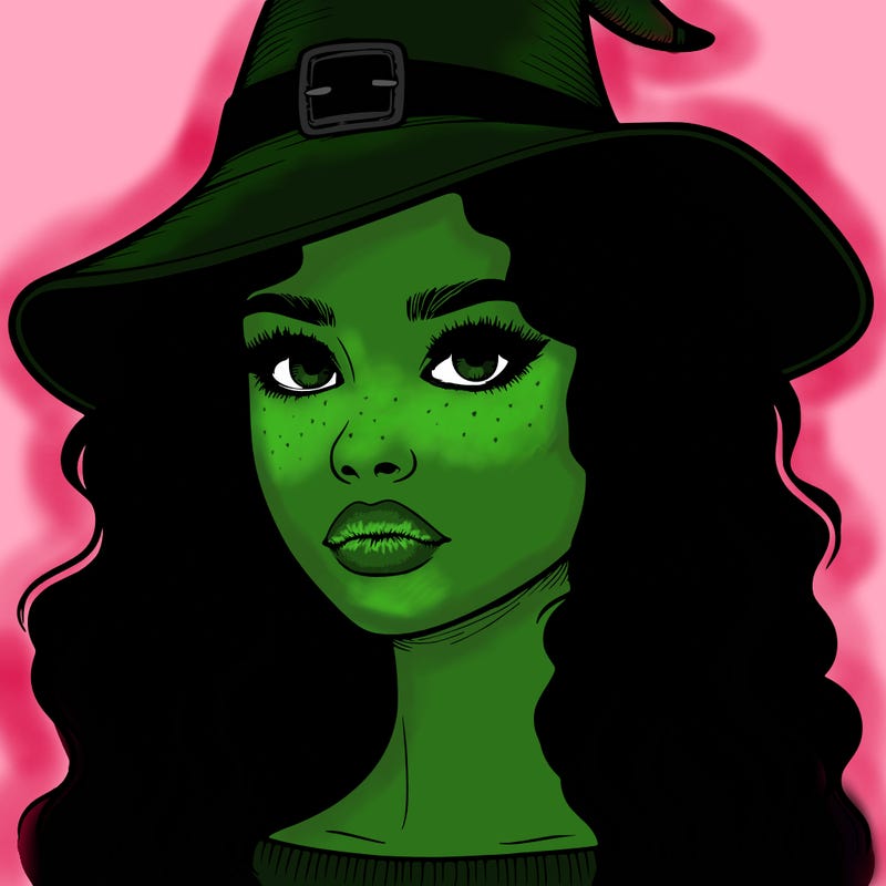 realistic girl with wavy hair a witch hat and a nose and lips and eyes