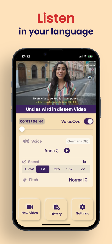 YT Translate for Youtube - Interface do aplicativo YT Translate mostrando um vídeo com legendas e um painel de controle para dublagem em alemão e configurações de áudio.
