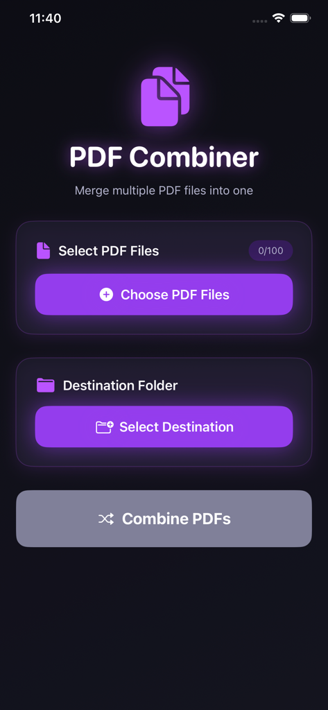 ファイルを選択して結合するボタンが表示されたPDF結合アプリのメイン画面