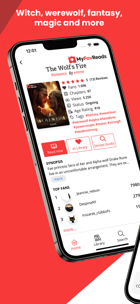 MyFavReads: Novels & Books - MyFavReads app screen displaying a werewolf romance book titled The Wolfs Fire with author details and fan ratings