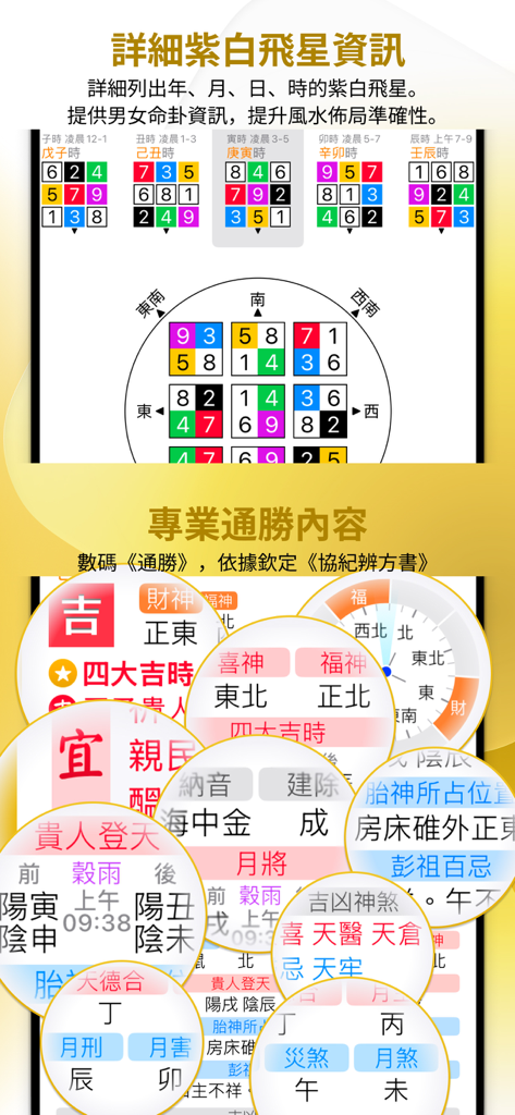 專業萬年曆 - 十三行全新作品 - Gráficos detallados de Estrellas Voladoras Púrpura y Blanca y información del almanaque chino profesional