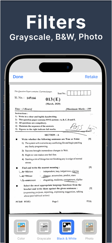 Scanner: PDF Document Scan App - Interface de smartphone exibindo filtros de digitalização de documentos como escala de cinza e preto e branco