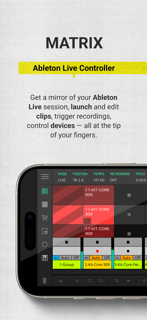 LK - Ableton & Midi Controller - Interface of the LK app Matrix module showing a grid for launching Ableton Live clips on a smartphone.