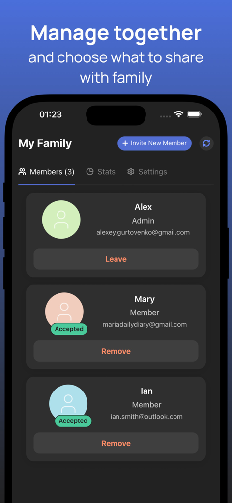 Interface do aplicativo Budget Sync para gerenciar membros da família e funções de orçamento compartilhado