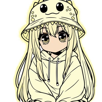 girl with anime shaped eyes with a dinosaur bucket hat oversized sweatshirt long straight hair