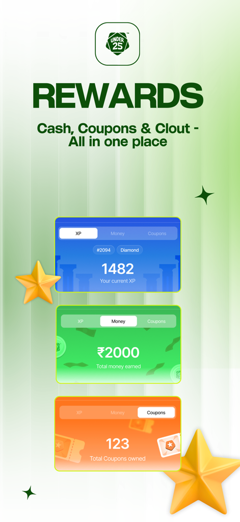 Under 25 - Under 25 app interface showing gamified student rewards including XP, money earned, and coupons