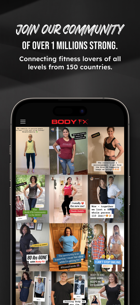 Body FX Home Fitness - Grid of success stories and transformation photos from Body FX app community members