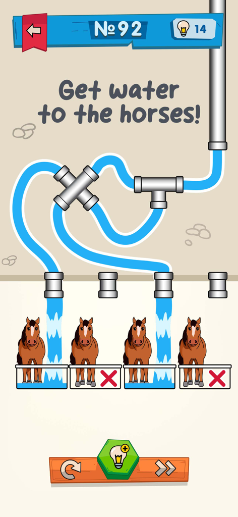 IQ Boost: Training Brain Games - Um quebra-cabeça de lógica do aplicativo IQ Boost onde o jogador deve direcionar água para os cochos de quatro cavalos.