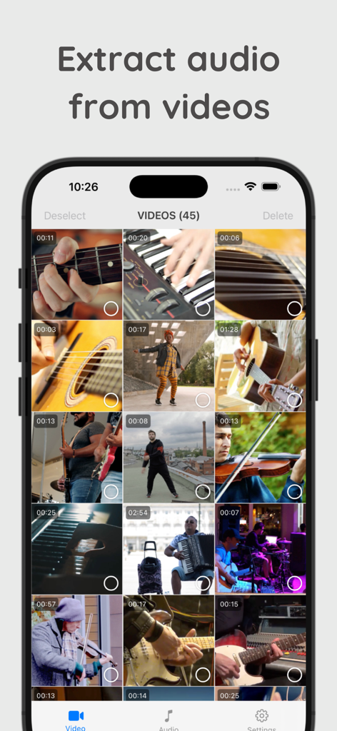 Easy Video Audio Extractor - Interfaccia dell'app che mostra una griglia di video per l'estrazione audio