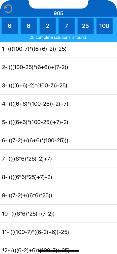 The Countdown Numbers Game - A list of mathematical equations and solutions for a target number in The Countdown Numbers Game.