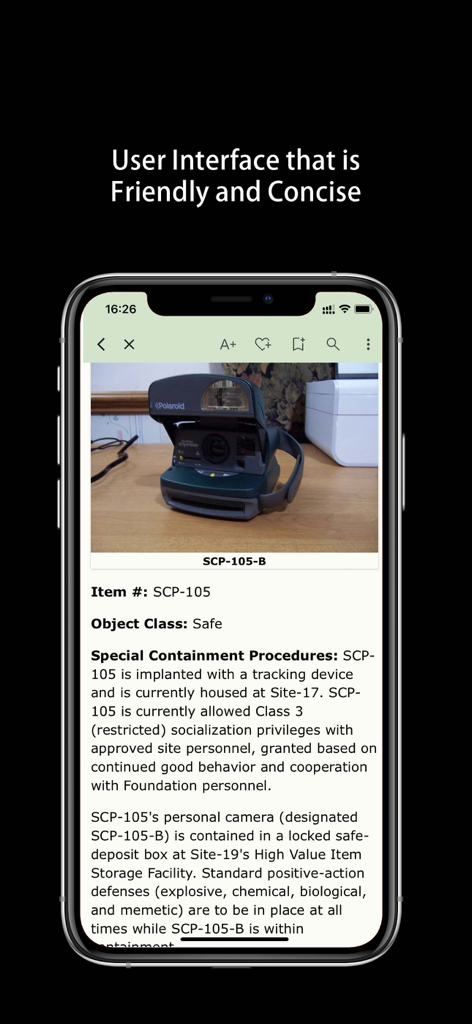 Only SCP - Interfaz de lectura de la aplicación Only SCP mostrando un artículo de la fundación sobre el elemento 105