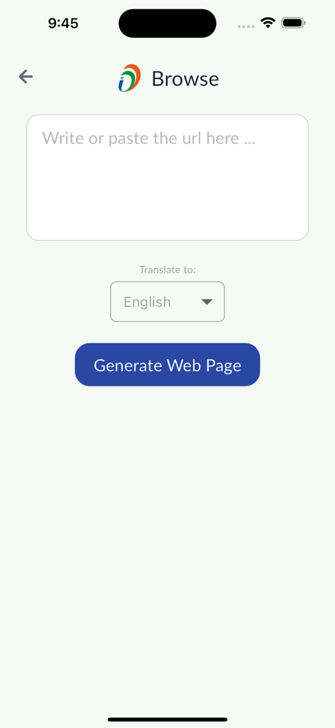 Interface of Bhashini app for browsing and translating web pages