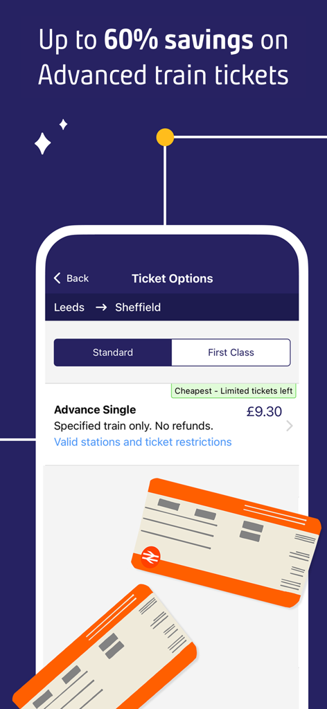 Northern Train app showing 60 percent savings on advance tickets from Leeds to Sheffield