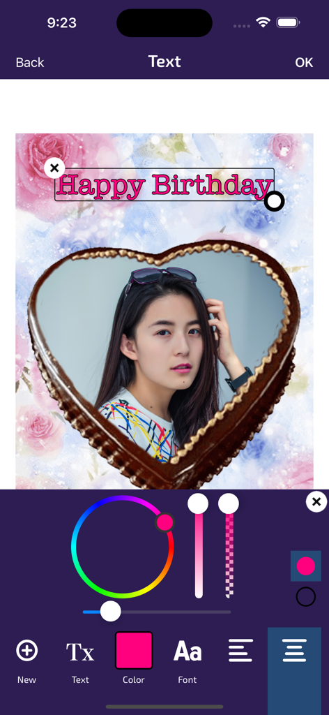 Birthday Photo Frames - Editor - Editando texto de Feliz Cumpleaños en una foto dentro de un marco de pastel en forma de corazón