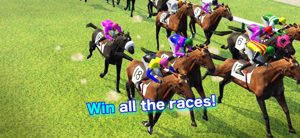 The Jockey - A group of horses and jockeys competing in a 3D horse racing game with the text Win all the races.