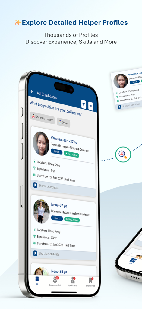 HelperPlace app interface showing detailed profiles of domestic helper candidates
