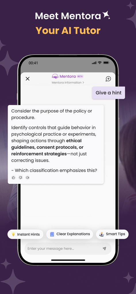 AP Psych Practice Test 2026 - Interfaz de la aplicación de estudio de Psicología AP que muestra la función de tutor Mentora AI con pistas instantáneas