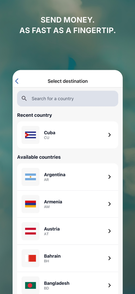 Sendvalu app interface for selecting an international money transfer destination