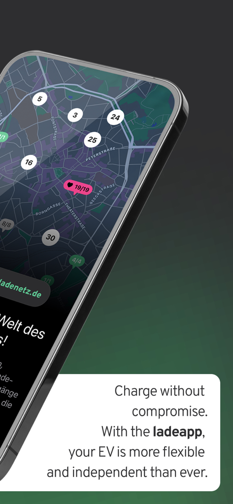 ladeapp – EV charging stations - Ladeapp interface displaying electric vehicle charging stations on a map in dark mode