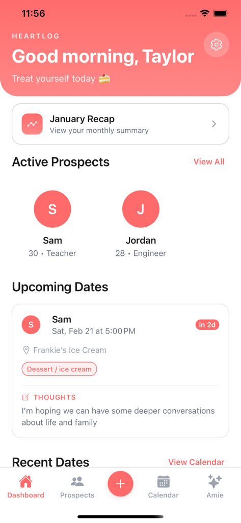 Heartlog - Dating Journal - Heartlog app dashboard displaying active prospects and details for an upcoming date.
