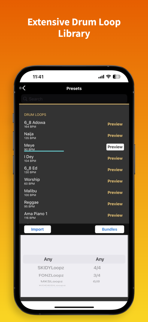 Groovy Loopz app interface showing an extensive library of drum loop presets with genre and BPM details