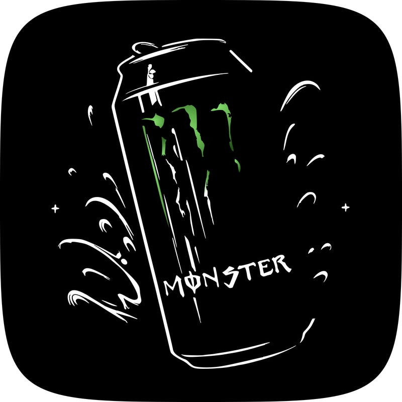 monster energy drink, blue color, monster energy logo is green and background is black