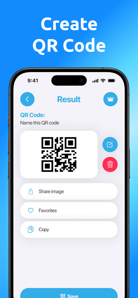 QR Code Generator Pro‎ - Smartphone-Bildschirm, der die Ergebnis-Seite eines generierten QR-Codes mit Optionen zum Benennen, Teilen und Kopieren anzeigt.
