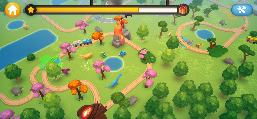 Top-down view of a colorful digital railway set with wooden tracks, dinosaurs, and a volcano.