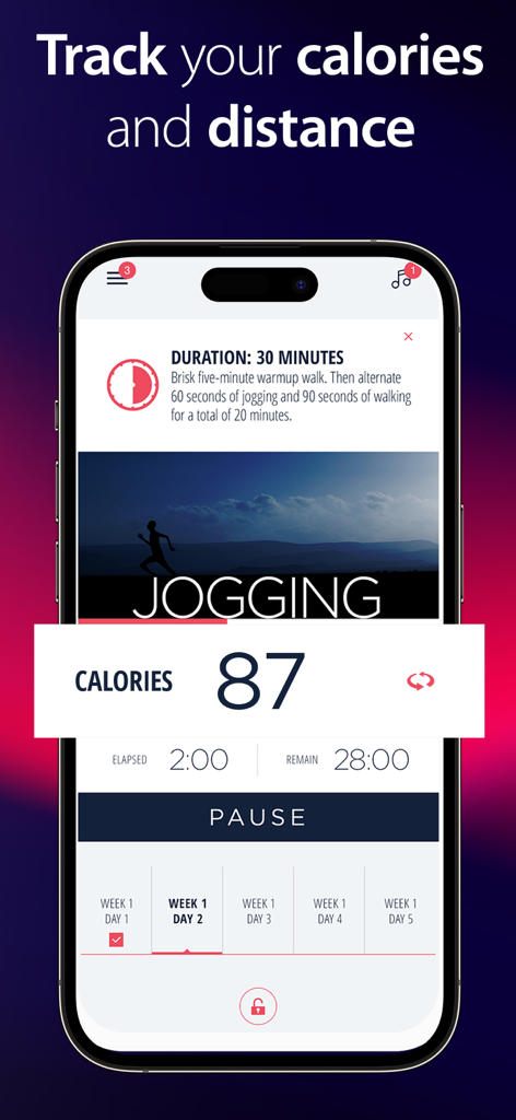 C25K® 5K Running Coach & Map - Smartphone screen displaying the C25K 5K Running Coach app interface tracking calories and workout duration for a jogging session.