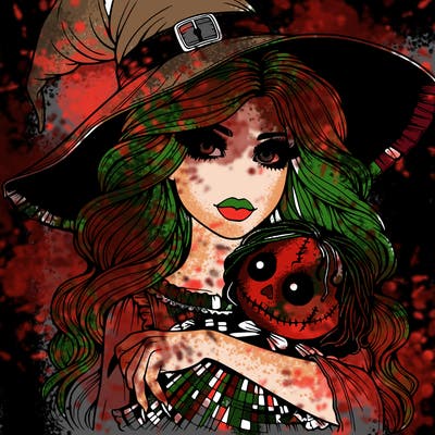 realistic beautiful witch halloween holding spooky doll