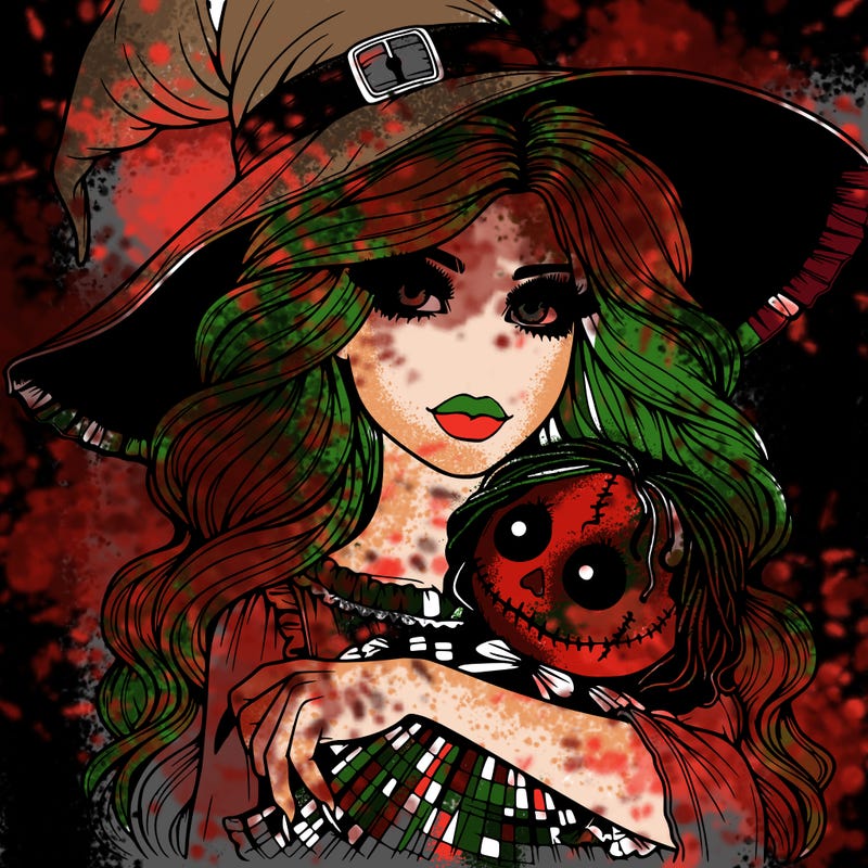 realistic beautiful witch halloween holding spooky doll
