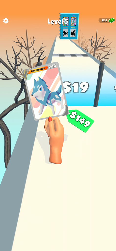 Hand holding an uncommon level 16 wolf character card in a TCG evolution runner game track