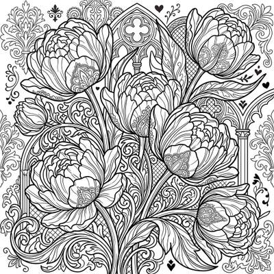 Explore the captivating blend of floral beauty and dark romance with this stunning Gothic Double Tulips coloring page. Dive into a world of intricate patterns, lush petals, and melancholic elegance, perfect for adult colorists.