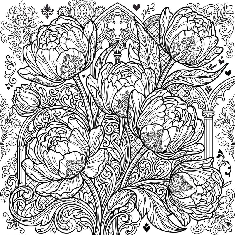 Explore the captivating blend of floral beauty and dark romance with this stunning Gothic Double Tulips coloring page. Dive into a world of intricate patterns, lush petals, and melancholic elegance, perfect for adult colorists.