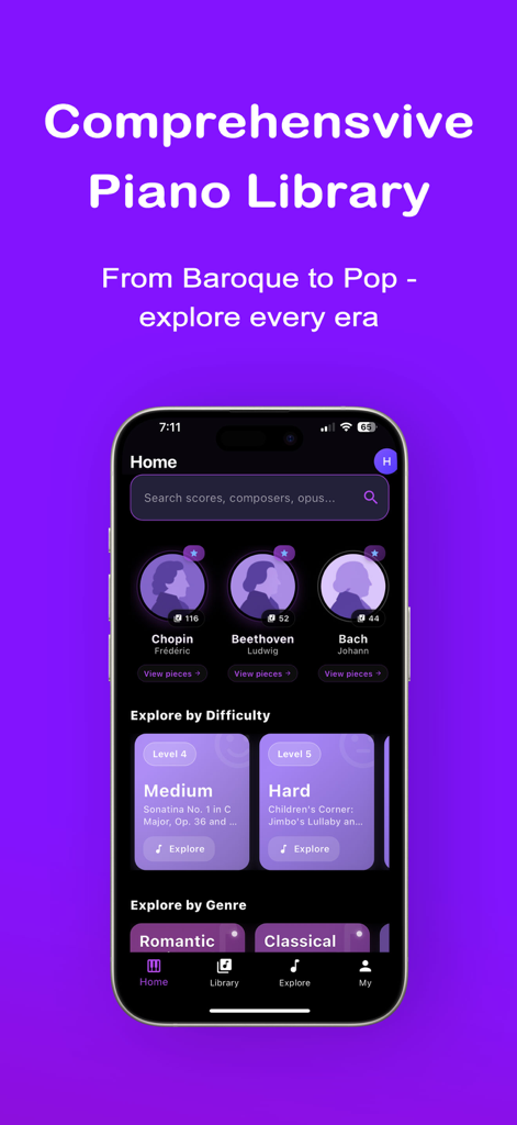 Harmono Piano: Play Any Song - Harmono Piano app interface showing a comprehensive library of sheet music categorized by composer and difficulty level.