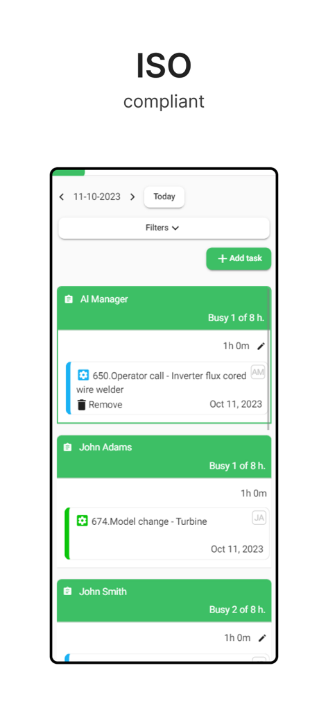 Fabrico - Fabrico mobile app interface showing maintenance task scheduling and ISO compliance features for industrial managers