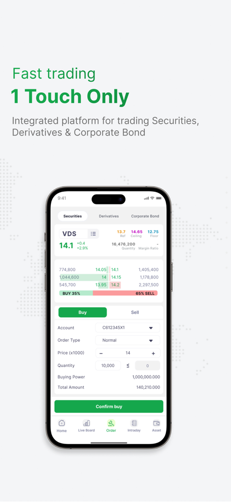 Interfaz de la aplicación móvil iDragon que muestra trading rápido con un solo toque para valores y derivados vietnamitas