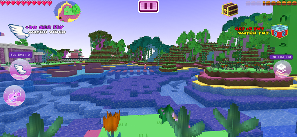 Kawaii Planet Craft - Un mundo sandbox vibrante y colorido basado en bloques en Kawaii Planet Craft con islas rosas y moradas y agua con una interfaz de juego.