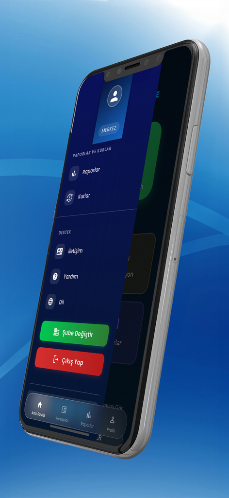 New Erp Mobil - Menu de navegação lateral do aplicativo financeiro New Erp Mobil exibindo seções para relatórios, taxas e suporte.
