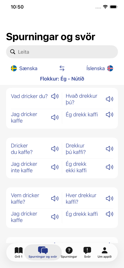 Nordic Languages - Comparação de frases comuns entre sueco e islandês com ícones de áudio na aplicação Línguas Nórdicas