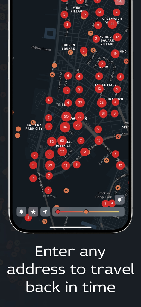 Historic photos - Time Portal - A dark mode map of New York City displaying clusters of historical photo locations in the Time Portal app.