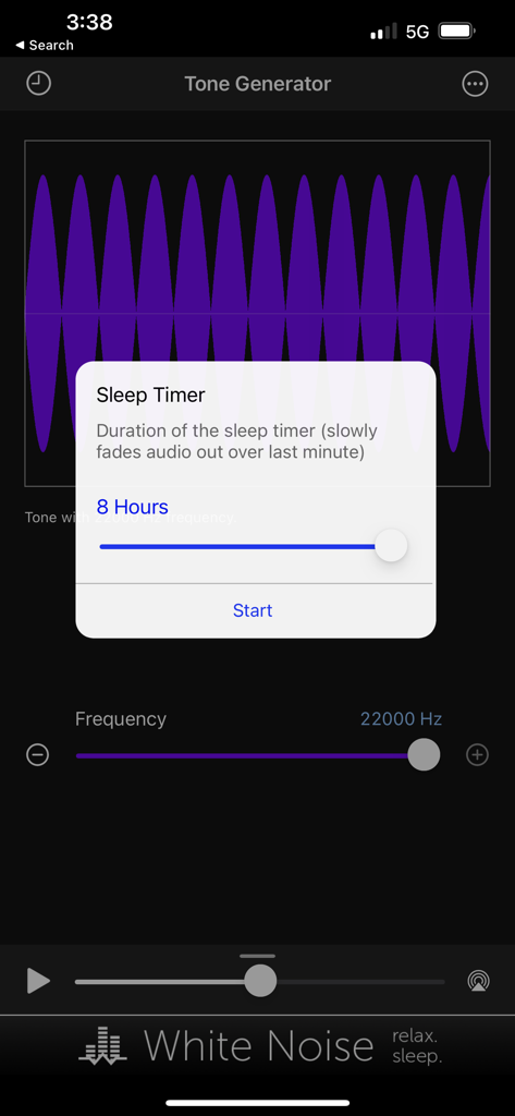 Tone Generator app displaying sleep timer settings and frequency waveform