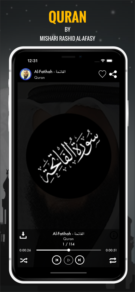 Audio player interface of the Quran MP3 app showing the recitation of Surah Al-Fatihah