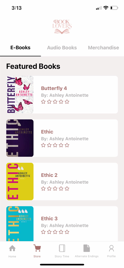 A list of featured e-books by author Ashley Antoinette displayed on the Book Lovers app store screen.