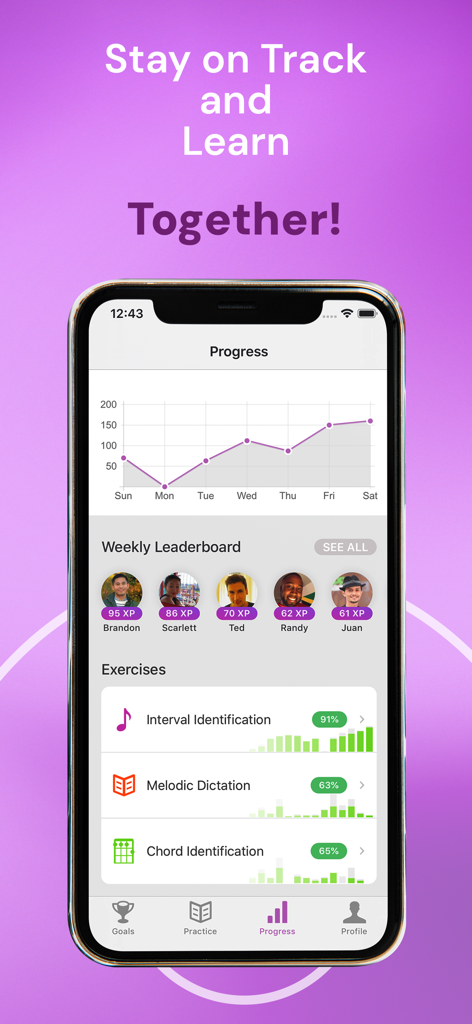 Earpeggio - Earpeggio app progress dashboard showing a weekly performance graph, music theory exercise stats, and a social leaderboard.