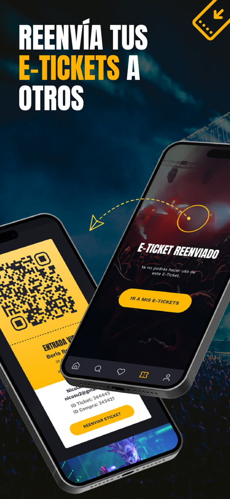 A mobile interface demonstrating the feature to forward digital event tickets to other users in the Passline app