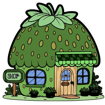 a small house-shaped shop made of a giant strawberry with a cute sign