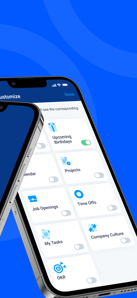 Spark.work mobile app interface showing customization options for dashboard widgets like birthdays, projects, and time offs.