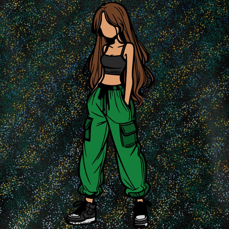 girl in baggy pants crop top and long hair